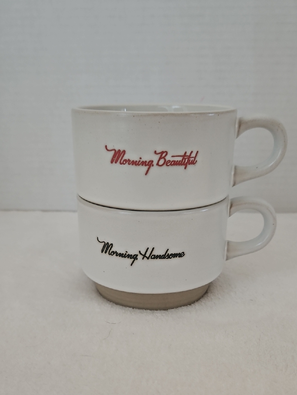 Hearth & Hand Sour Cream Red Black Script Stackable Stoneware Coffee Mugs